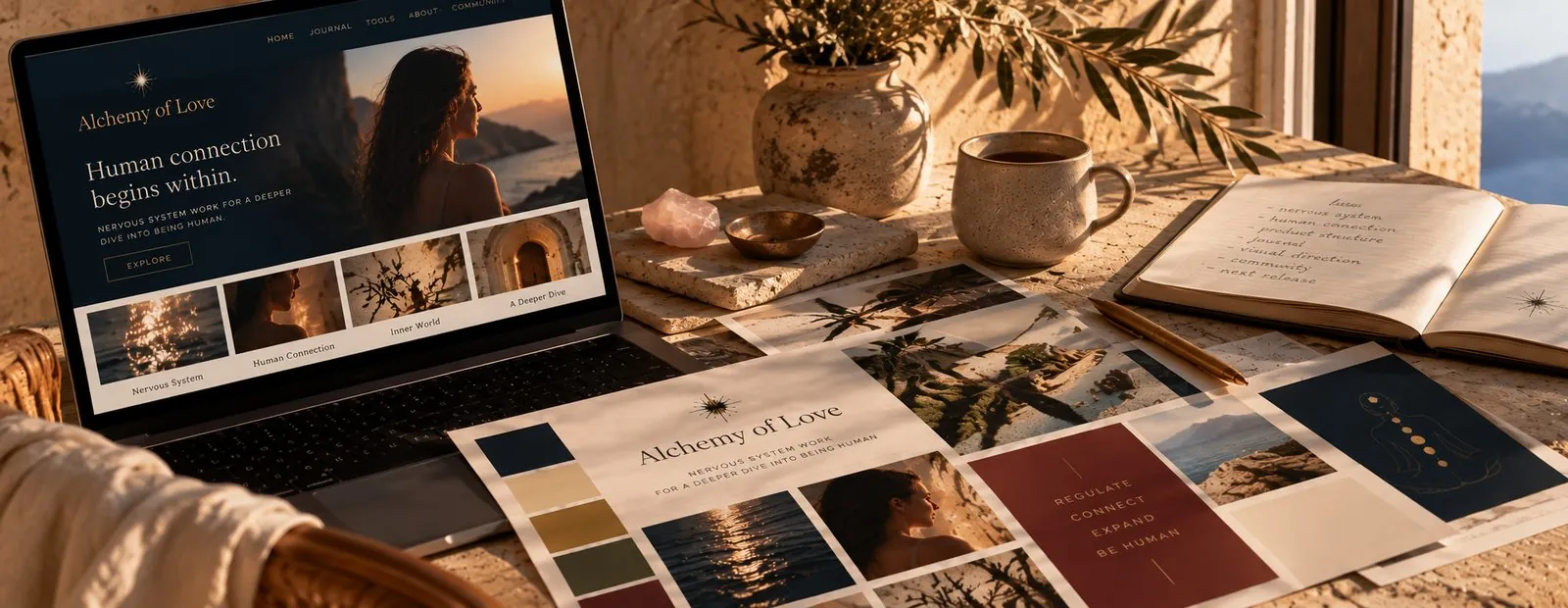 A sunlit desk with a laptop showing a website for The Alchemy of Love, printed layouts, a palette and an open notebook