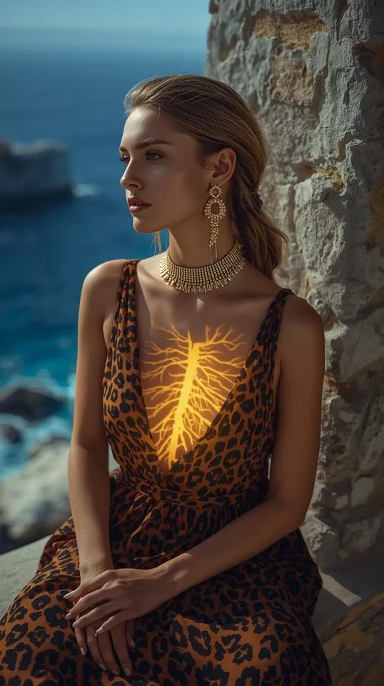 Woman against a stone wall at dusk, gold light at her chest