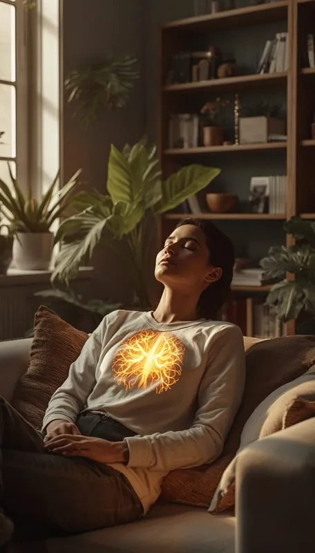 Woman resting on a sofa, gold light at her chest