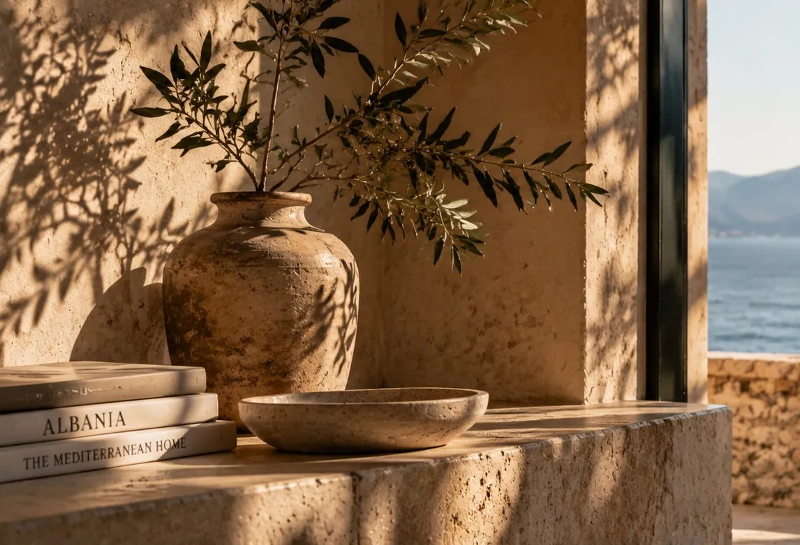 An olive branch in a stone vase on a limestone ledge in low sun, books on Albania beside it, the sea beyond