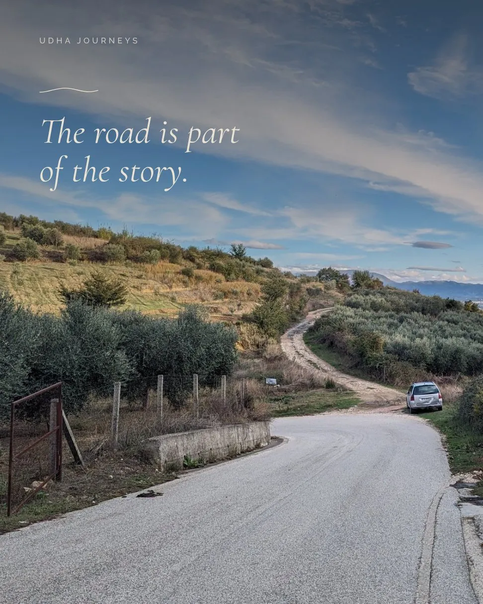 Promotional image: a country road winding through olive hills, with the line The road is part of the story