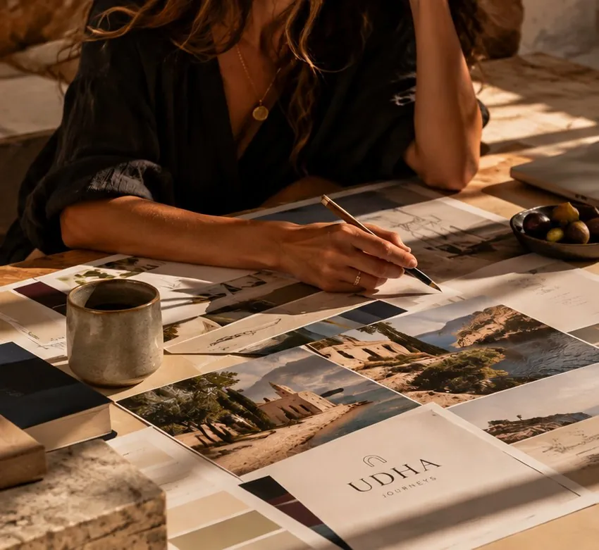 Hands marking up UDHA Journeys layouts, photographs and colour swatches on a sunlit table